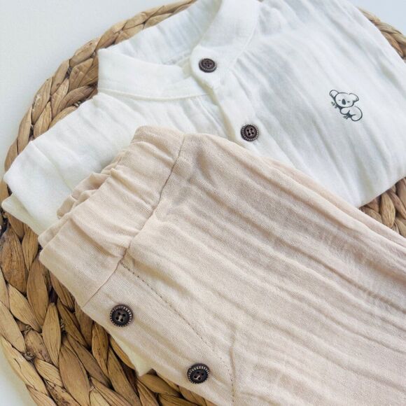 New Boys Muslin Cotton Set Shirt and Pants White Beige - Picture 4 of 4